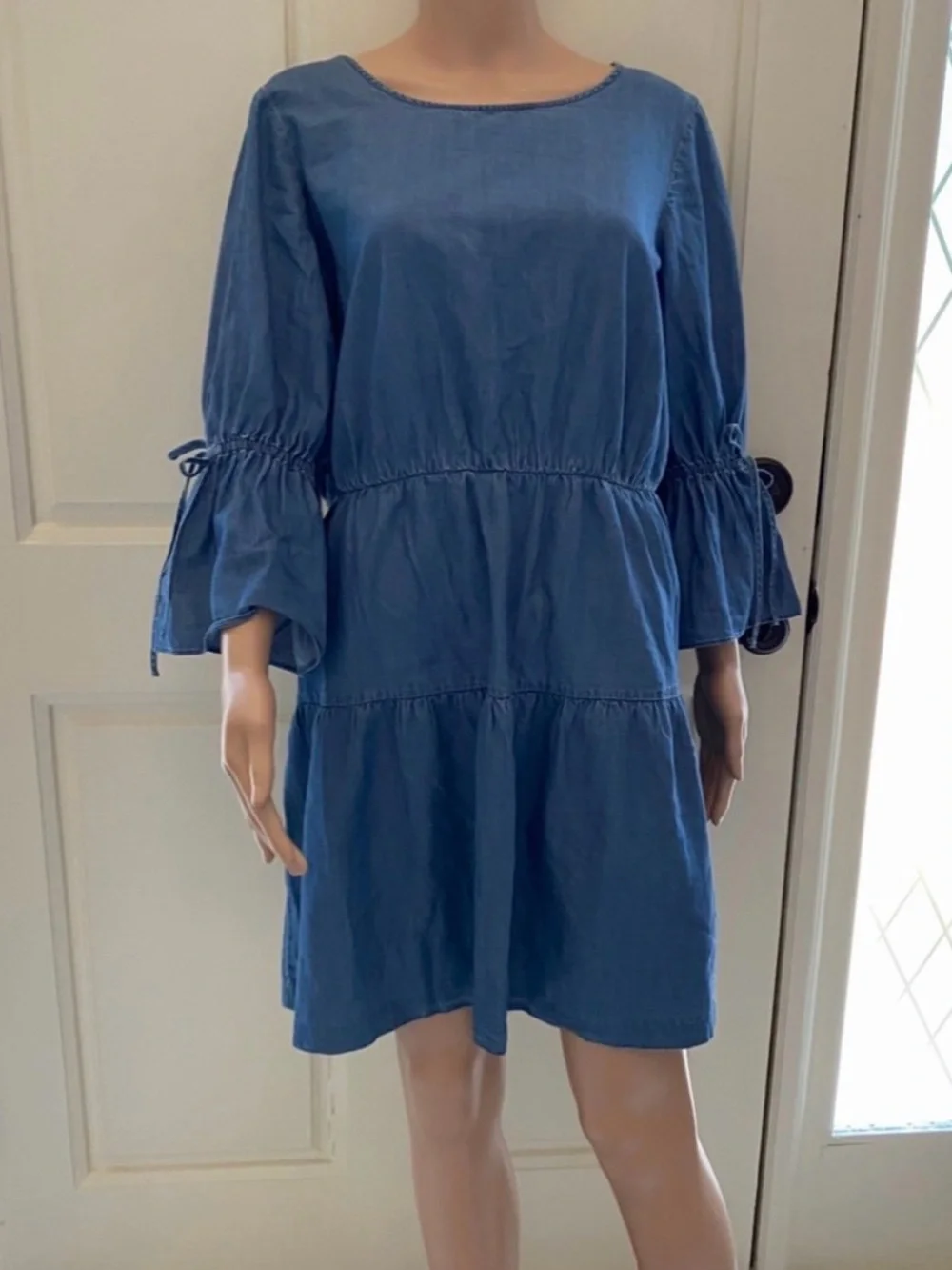 J Crew Blue Tiered Casual Dress with Tie-Sleeves